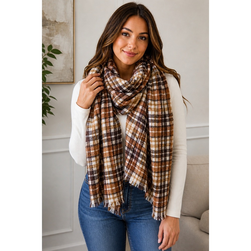 Old Navy Plaid Blanket Scarf Brown Tan Cream Fringe Soft Cozy 25" x 73"